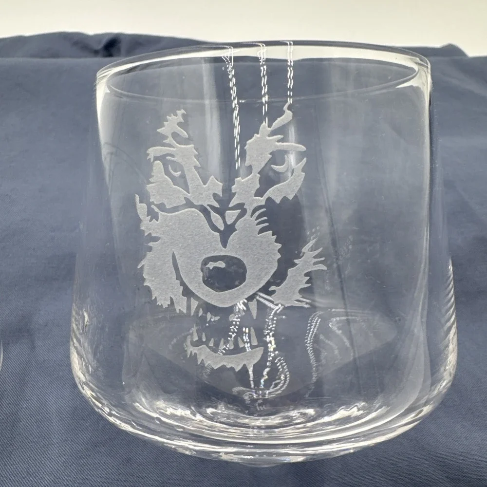 Hand Blown‎ Rolling Whiskey Glass Set Of Two 2 Glasses Barbuzzo Wolf Etched